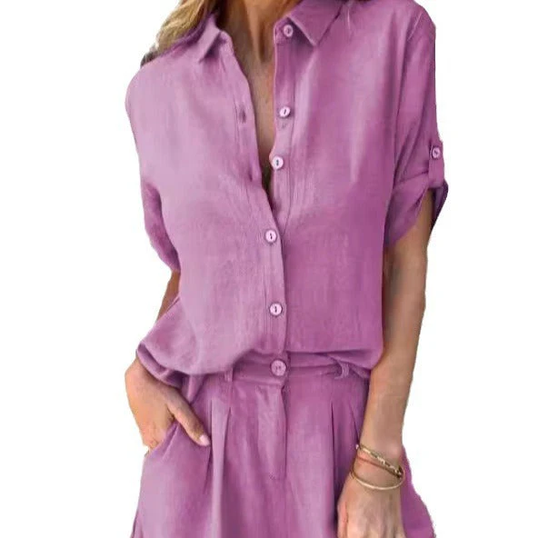 Spring And Summer New Cotton And Linen Short-sleeved Shorts Casual Suit Women - Image 5