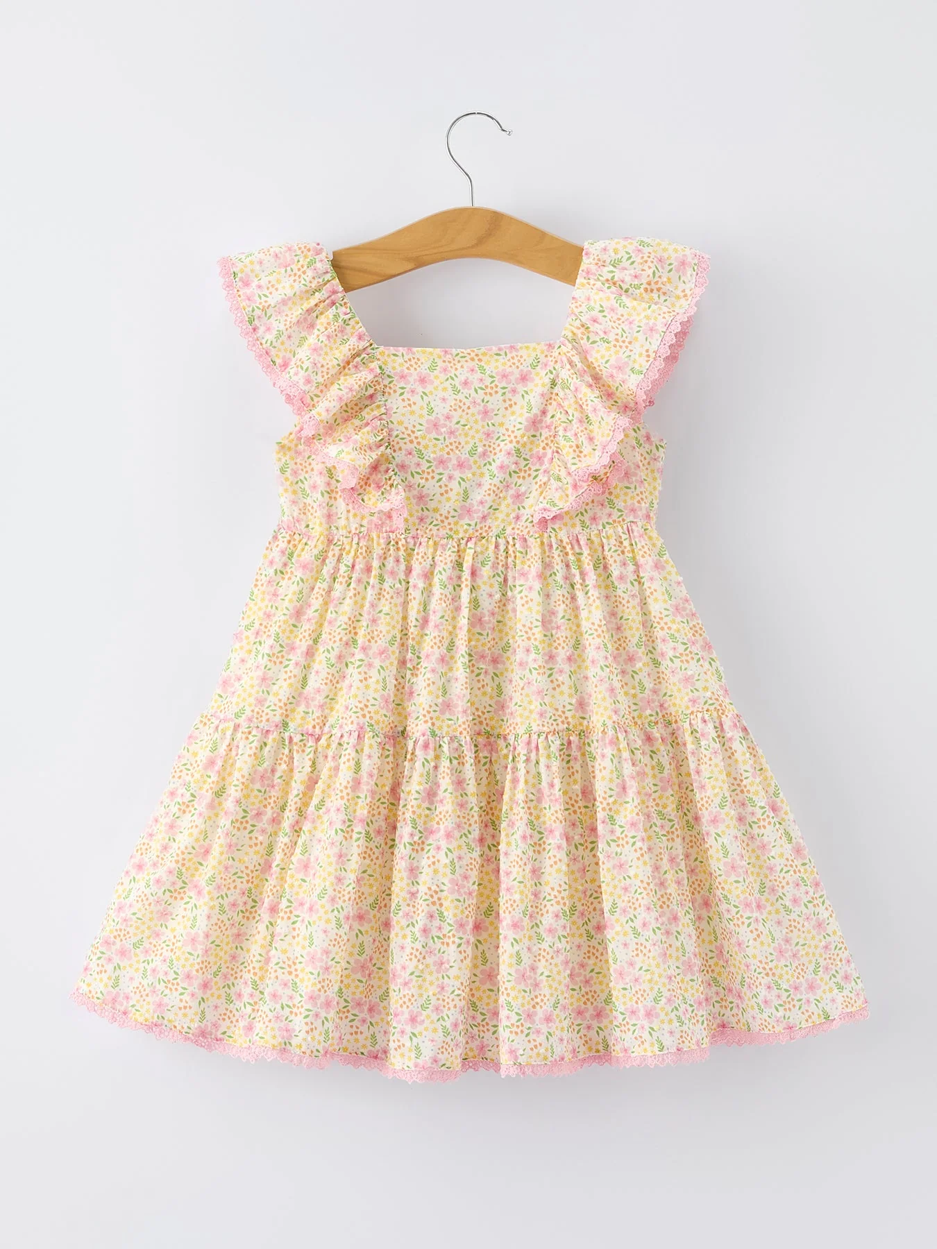 Spring Floral Girls Ruffle Dress With Bow Straw Hat Set - Image 8