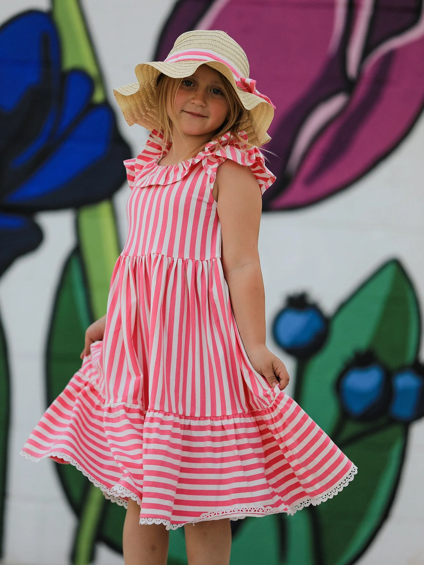 Spring  Pink Striped Ruffled Girls' Dress with Hat - Image 4