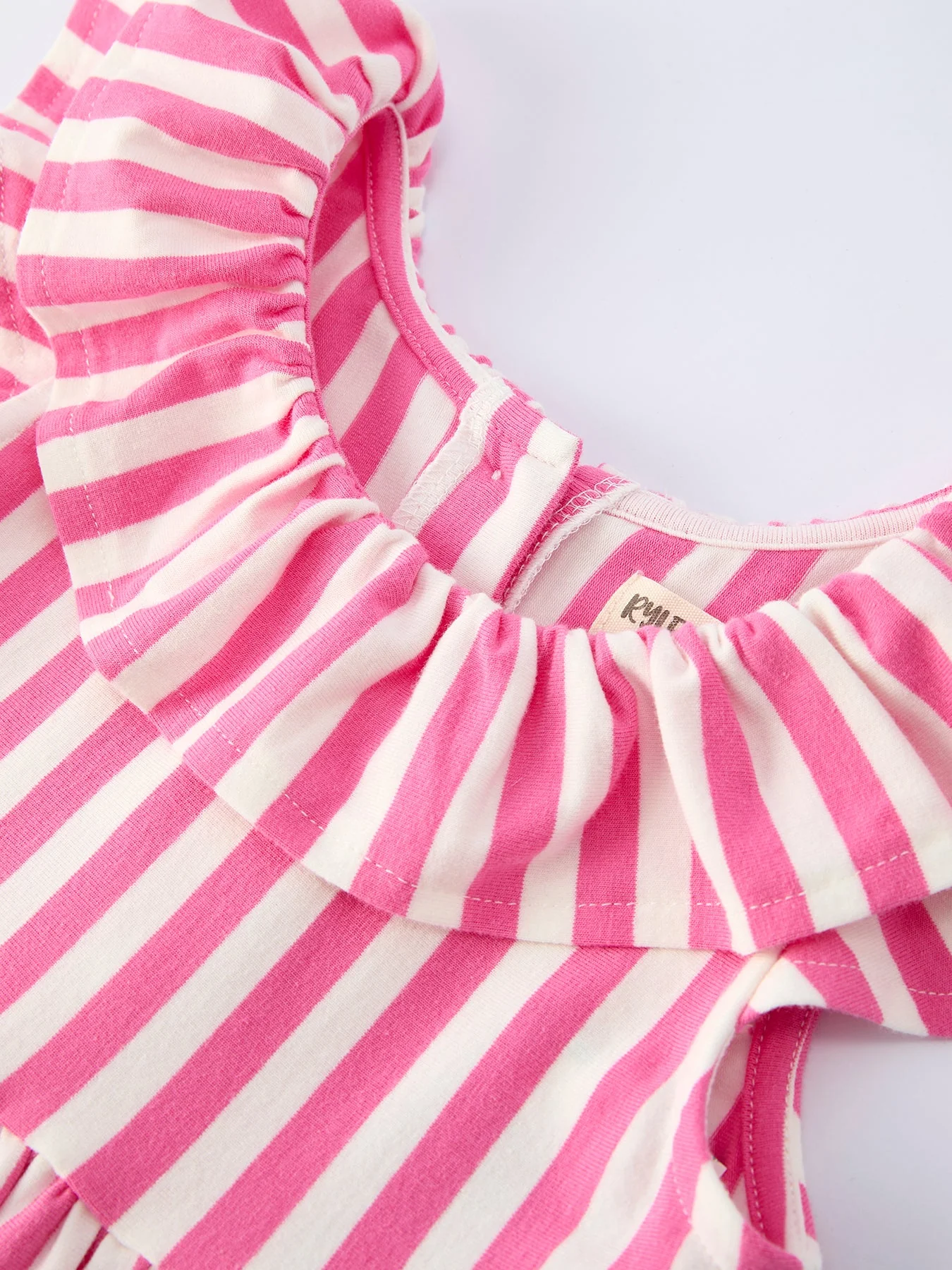 Spring  Pink Striped Ruffled Girls' Dress with Hat - Image 9