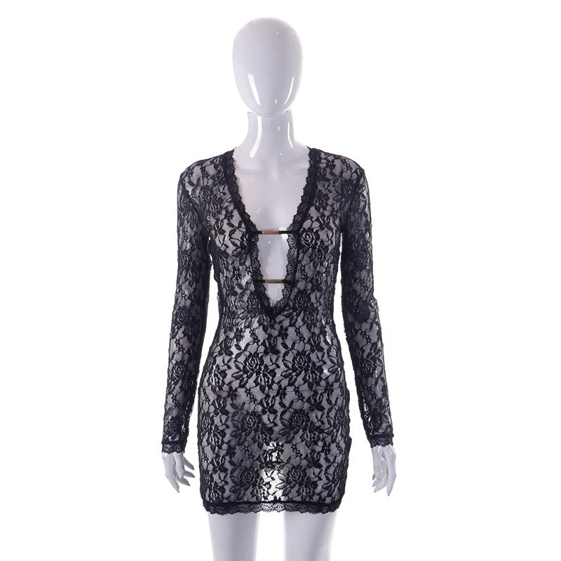 Spring Summer New Women Lace Spliced Sleepwear Sexy Perspective Dress - Image 6