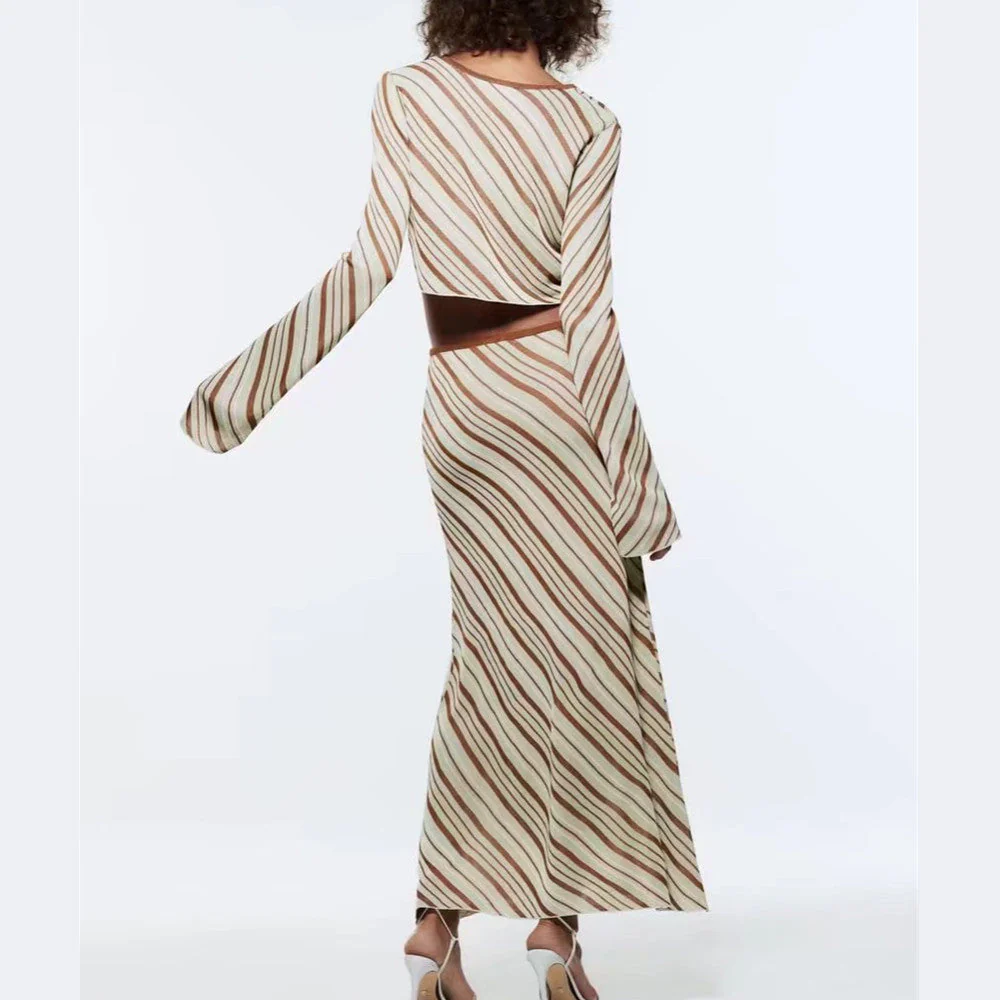Spring/Summer Women's Striped Knit Top High Waist Skirt Suit - Image 4