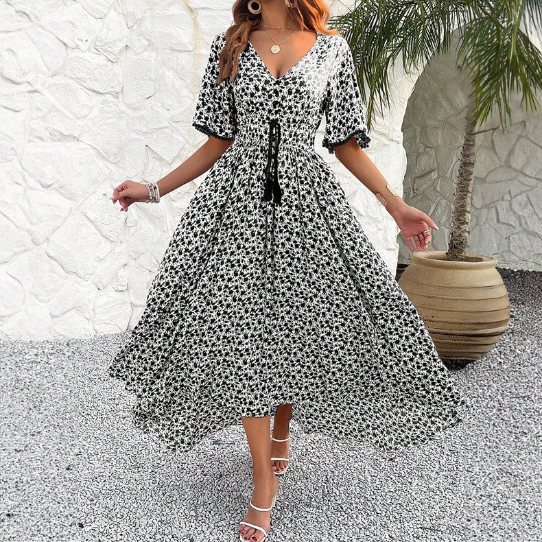 Spring/Summer Women's V-neck High Waist Elegant Printed Dress - Image 4