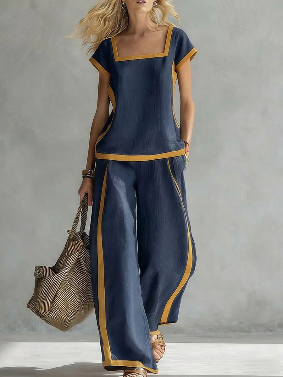 Square-Neck Three-Quarter Sleeve Loose Top & Pants Two-Piece Set - Image 9