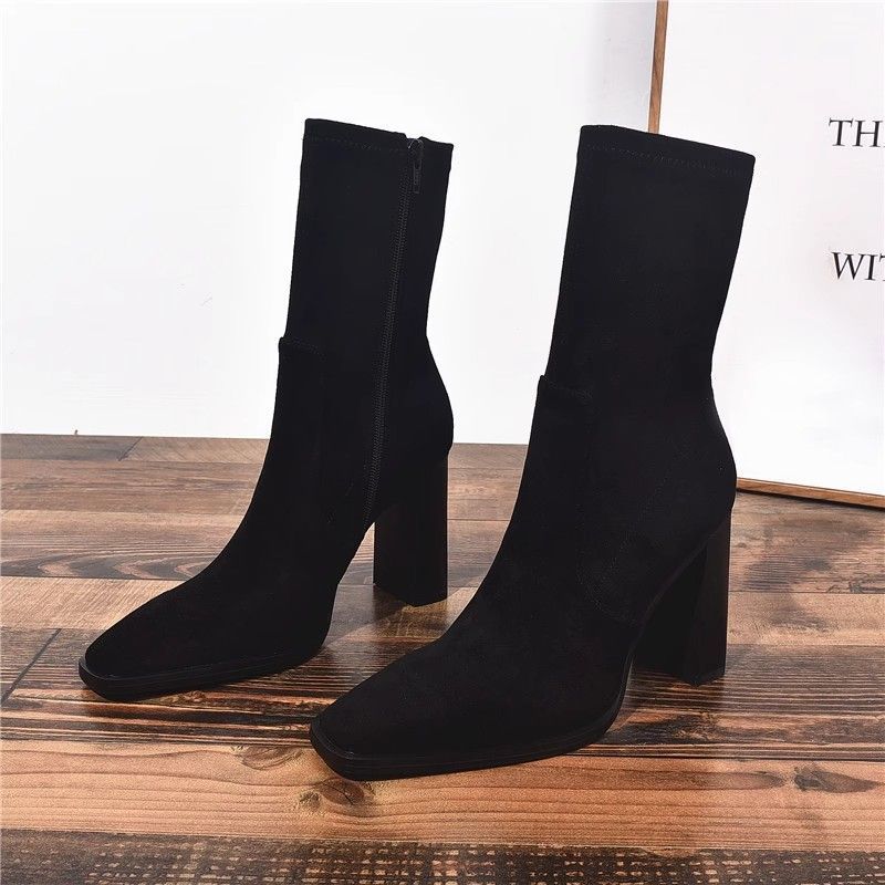 Square Toe Fleece-Lined French Boots – Chunky Heel Winter Style - Image 6