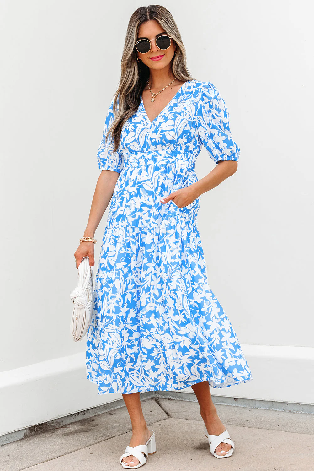 Stacey-Sky Blue Floral V Neck Puff Short Sleeve Flowy Long Dress - Image 3