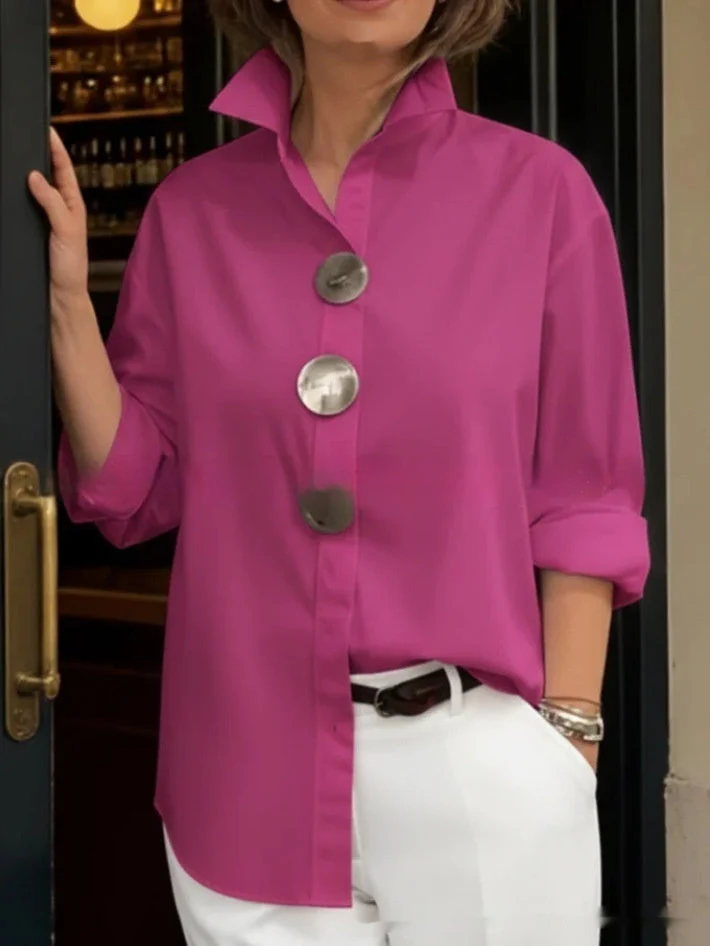 Stand-Up Collar Metal Button Long Sleeve Shirt – Women’s Loose Fit - Image 2