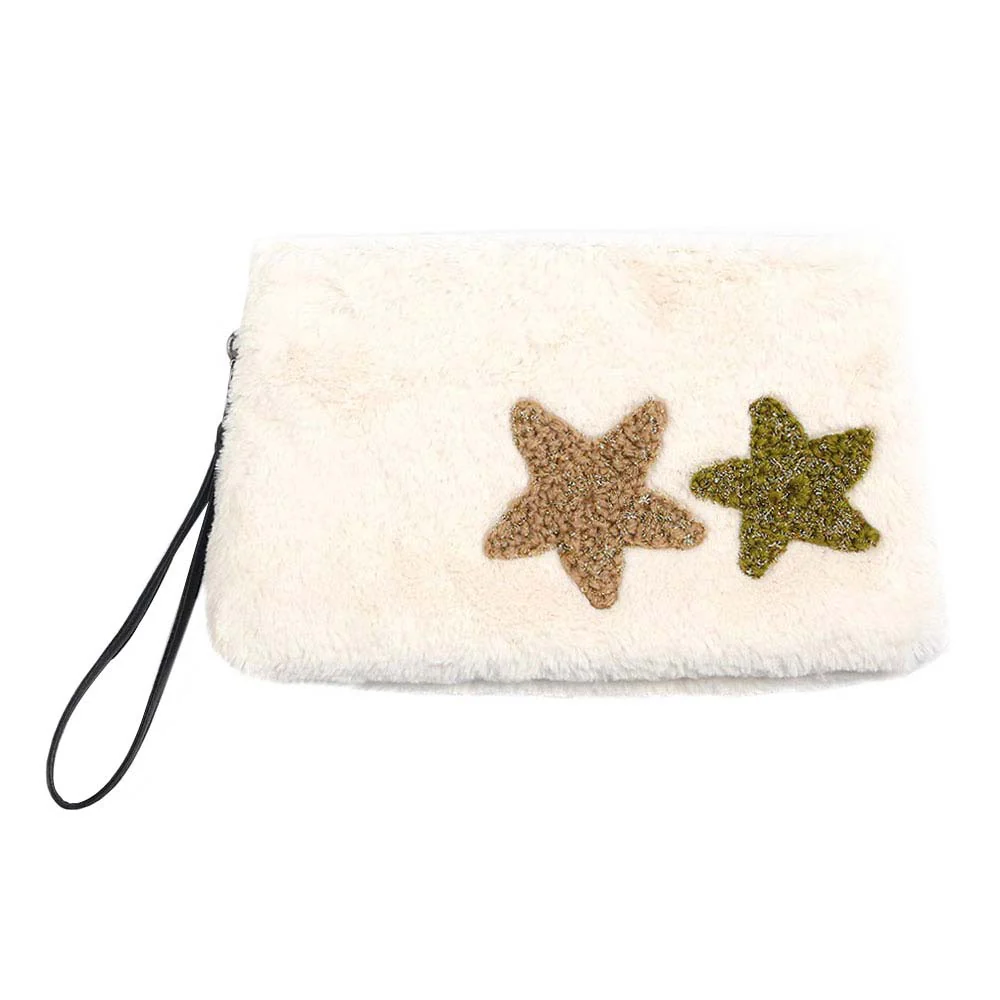 Star Patches Fuzzy Faux Fur Wristlet Clutch Bag - Image 2