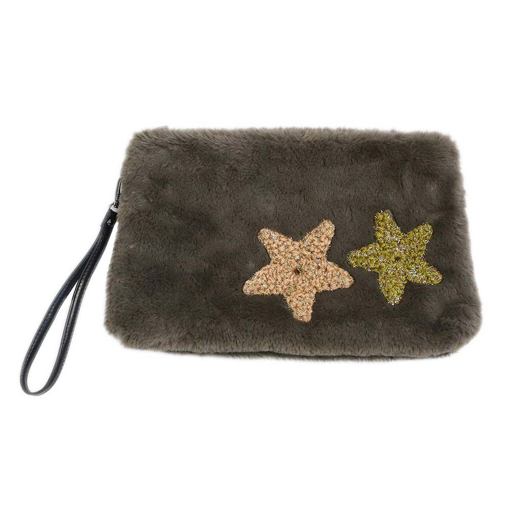 Star Patches Fuzzy Faux Fur Wristlet Clutch Bag - Image 3