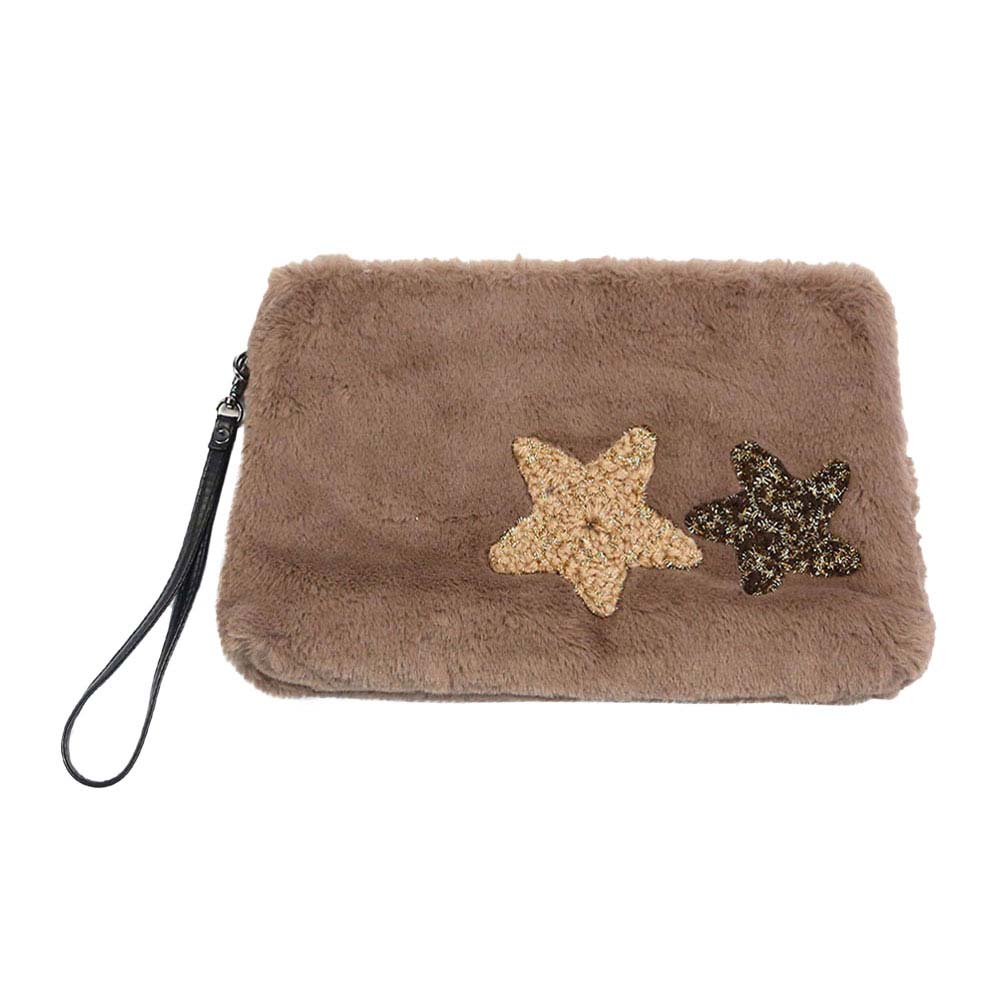 Star Patches Fuzzy Faux Fur Wristlet Clutch Bag - Image 5