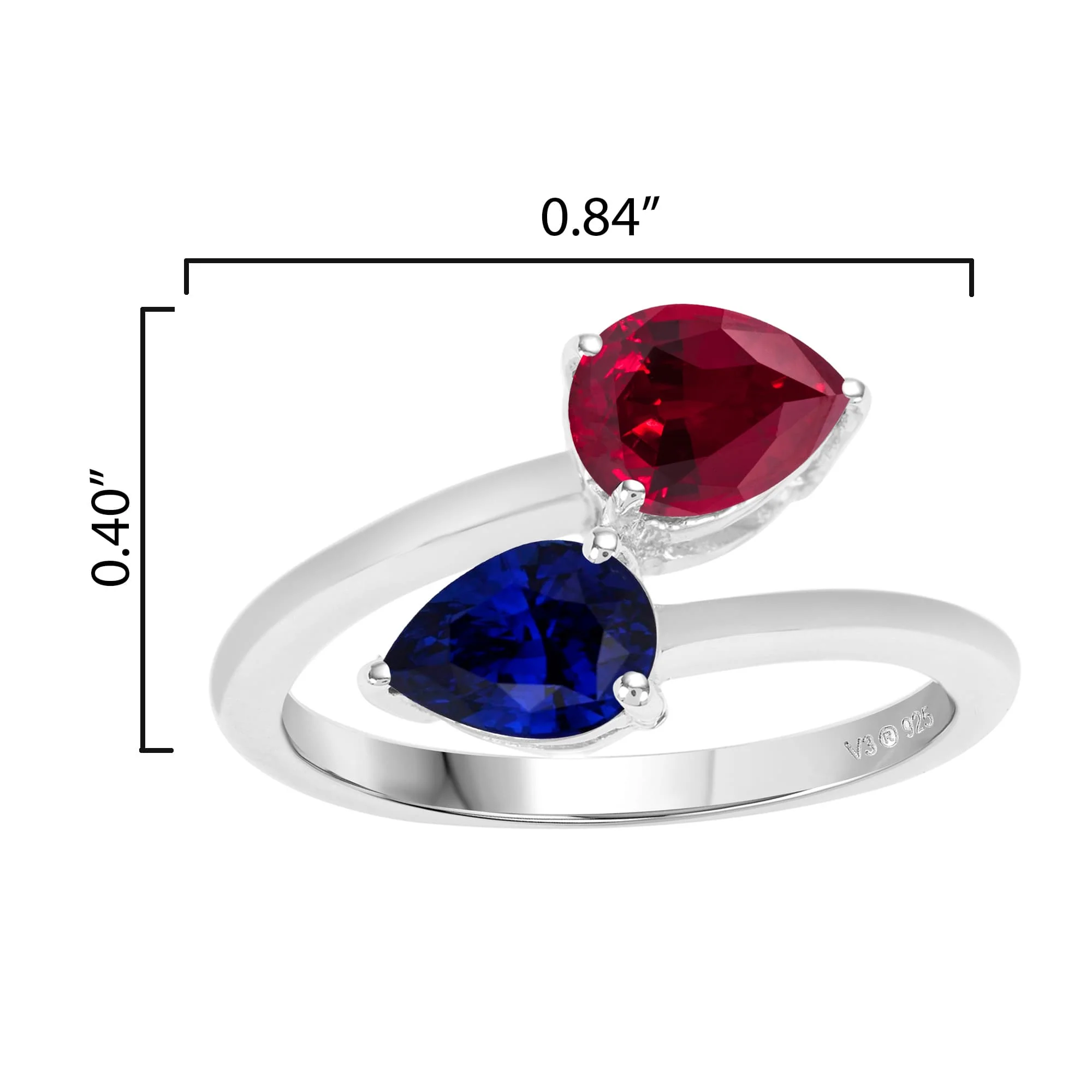 Sterling Silver 1.50CTW Pear Shape Blue Sapphire and Ruby Bypass Ring for Women - Image 3