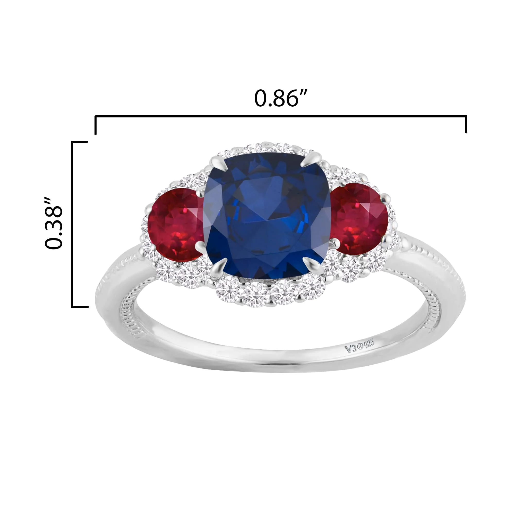 Sterling Silver Blue Sapphire and Ruby Three Stone Ring - Image 3