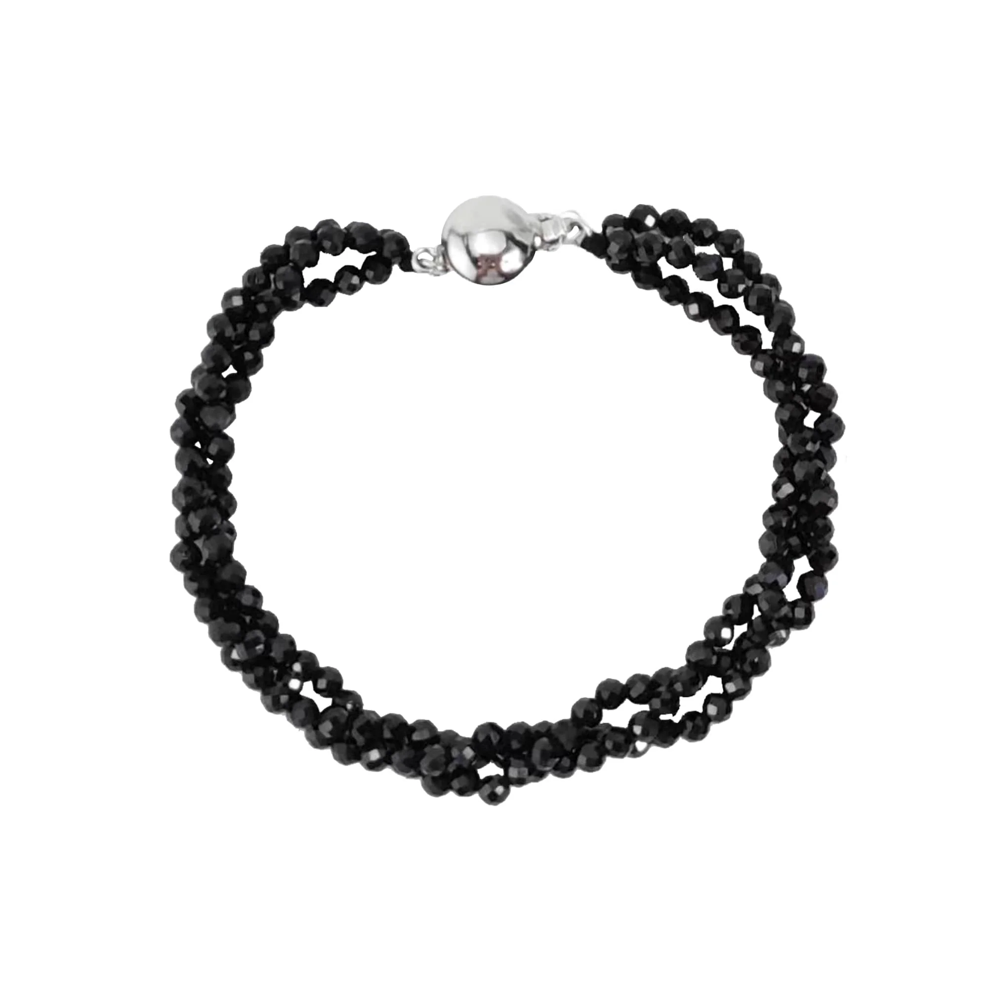 Sterling Silver Round Shape Natural Black Spinel Beaded 3-Row Bracelet 7.25"