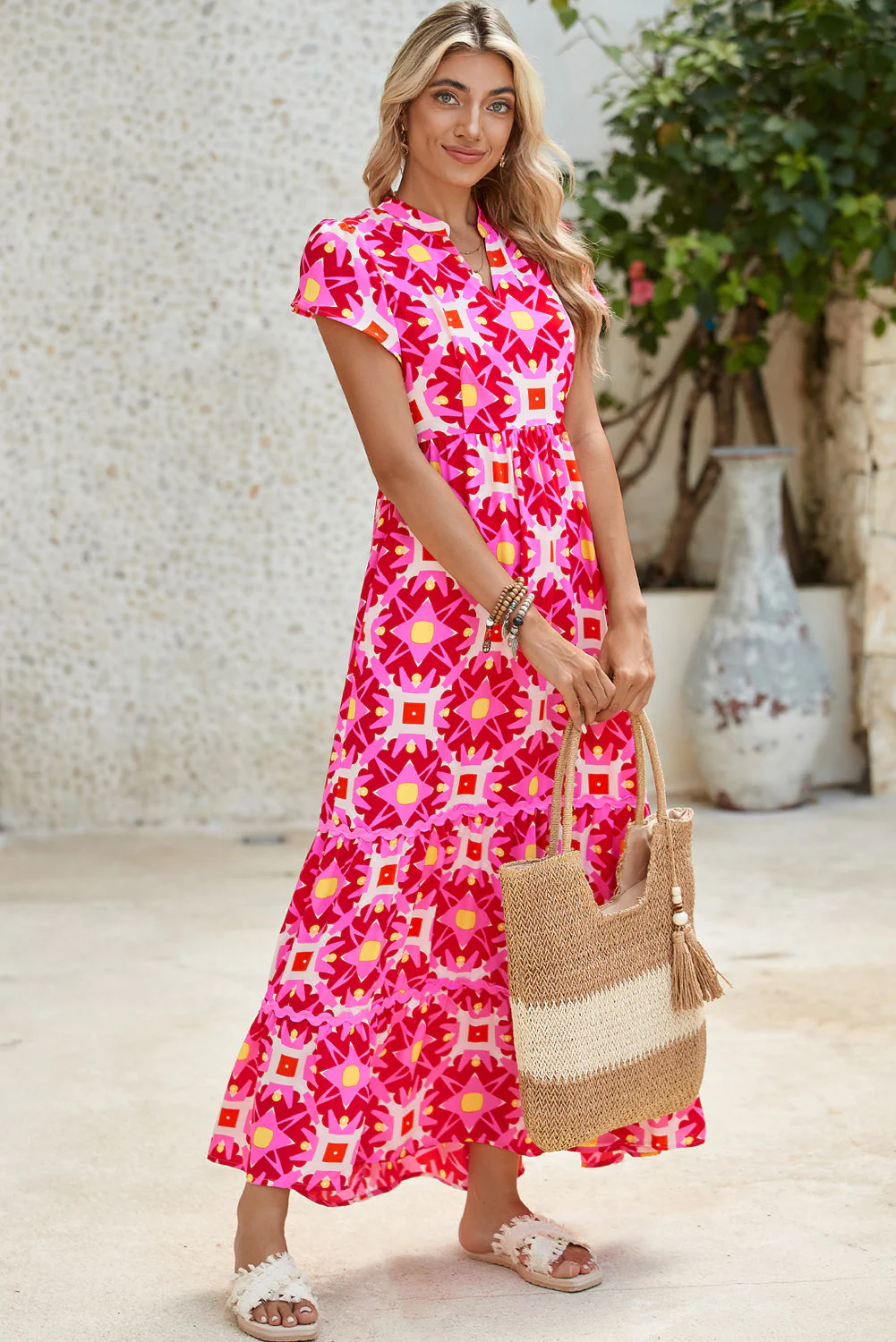 Strawberry Pink Abstract Print Pleated Flounce Sleeve Maxi Dress - Image 3