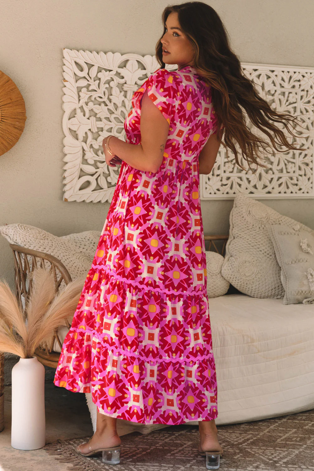 Strawberry Pink Geo Print V-neck Maxi Dress - Image 2