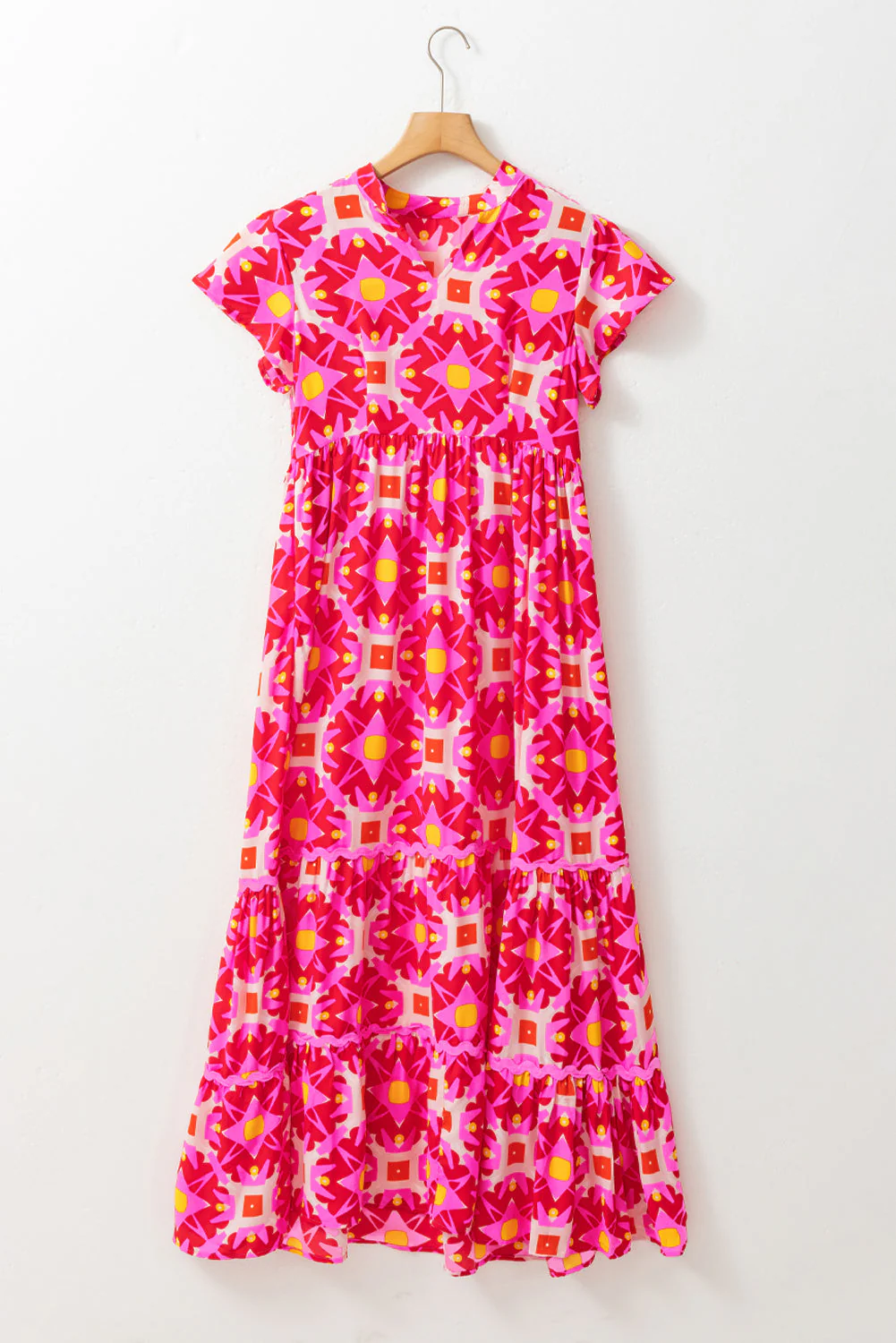 Strawberry Pink Geo Print V-neck Maxi Dress - Image 6