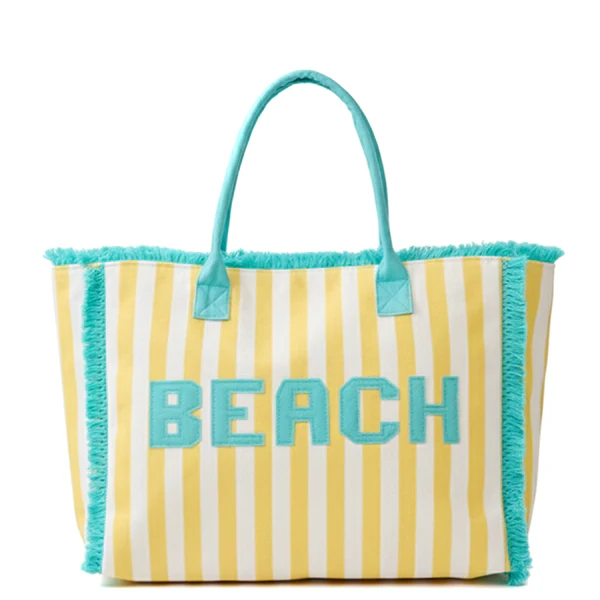 Striped Embroidered Beach letter Terry Cloth Frayed Tote Yellow - Image 3