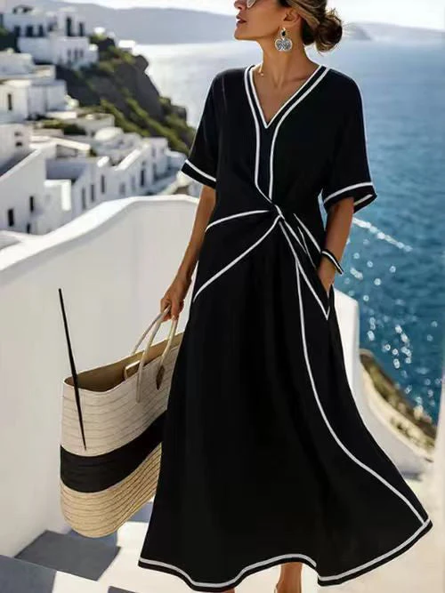 Striped Print Maxi Dress – Short Sleeve Beach Vacation Dress - Image 10