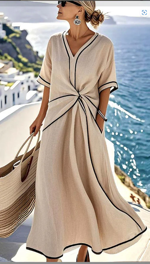 Striped Print Maxi Dress – Short Sleeve Beach Vacation Dress - Image 3