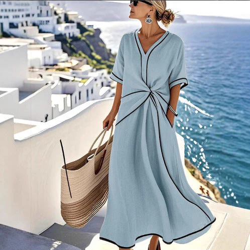 Striped Print Maxi Dress – Short Sleeve Beach Vacation Dress - Image 8
