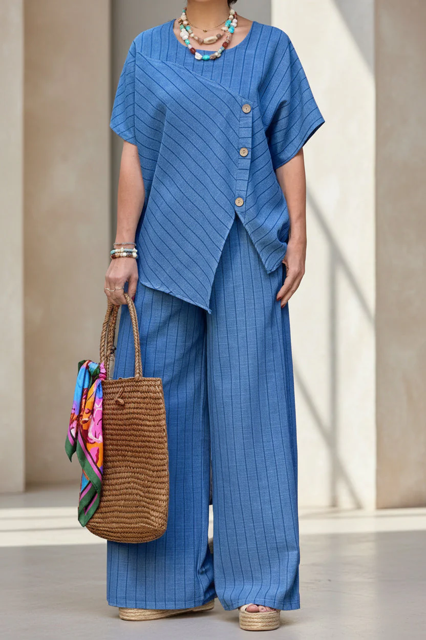 Striped Shirt & Loose Pants Set – Three-Quarter Sleeve Two-Piece - Image 3