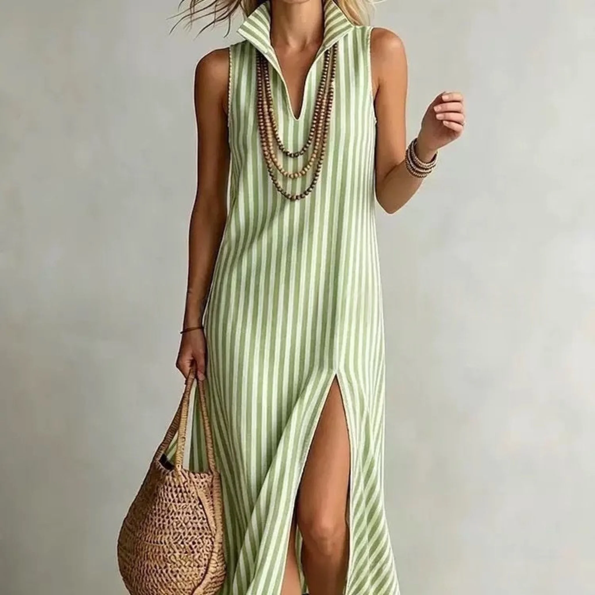 Striped Stand Collar Side-Slit Sleeveless Maxi Dress – A-Line Cami - Image 12