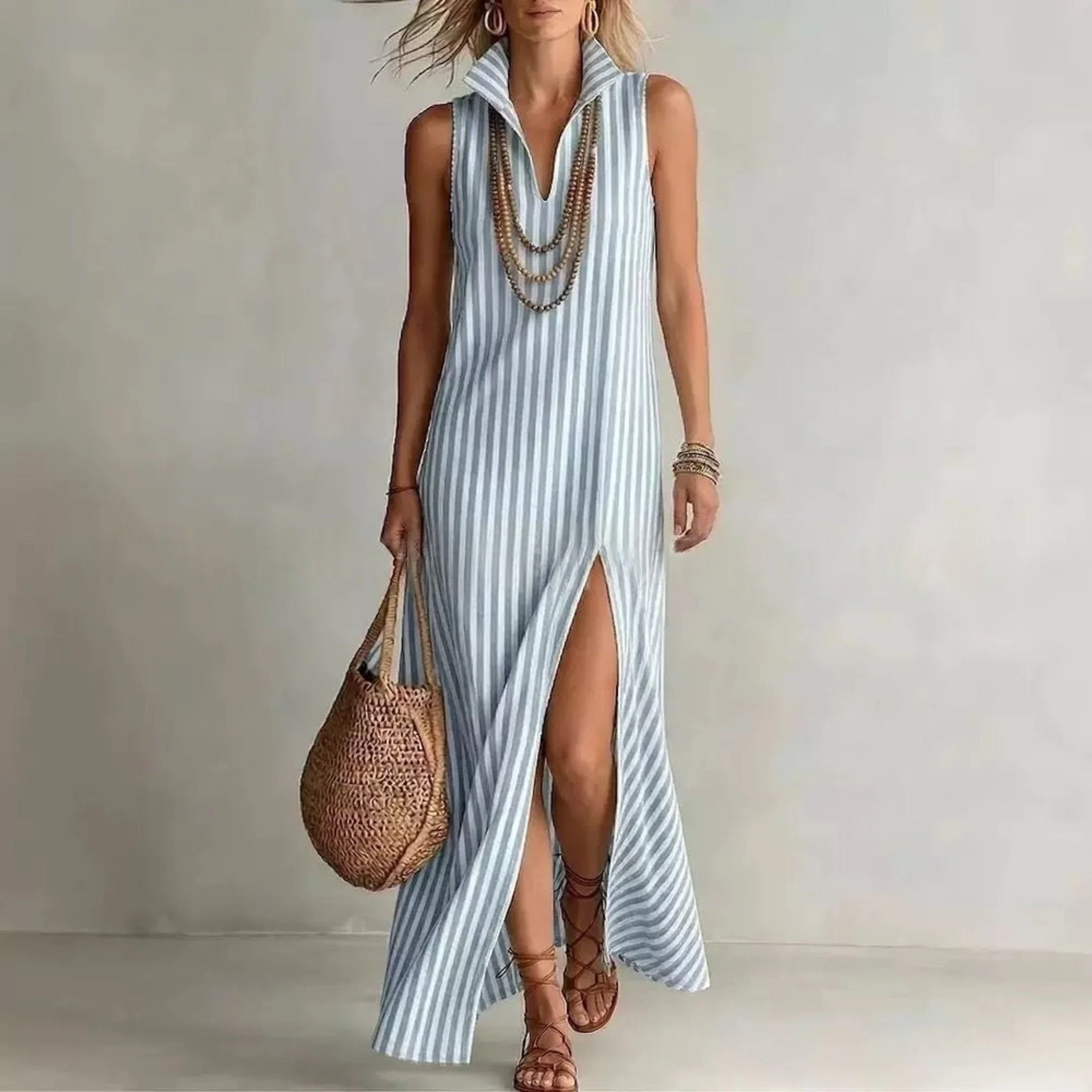 Striped Stand Collar Side-Slit Sleeveless Maxi Dress – A-Line Cami - Image 13