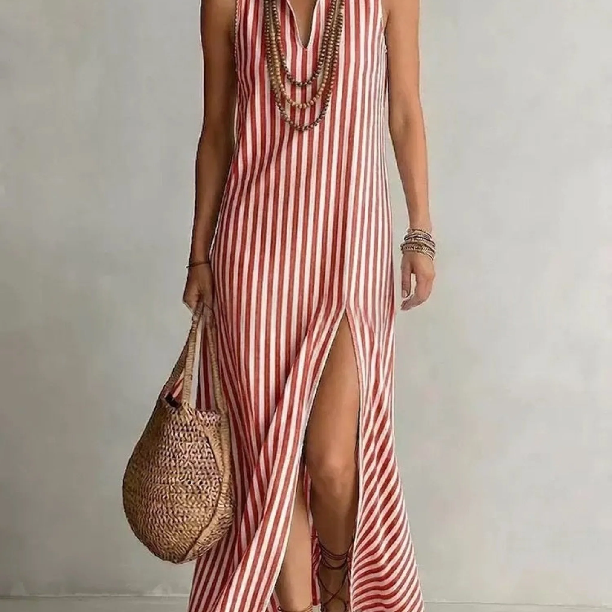Striped Stand Collar Side-Slit Sleeveless Maxi Dress – A-Line Cami - Image 14