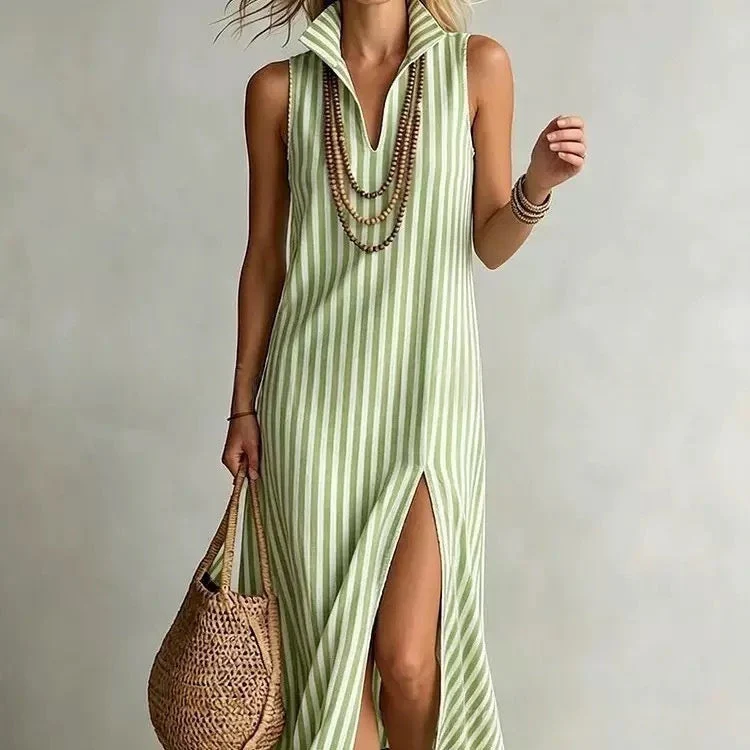 Striped Stand Collar Side-Slit Sleeveless Maxi Dress – A-Line Cami - Image 5