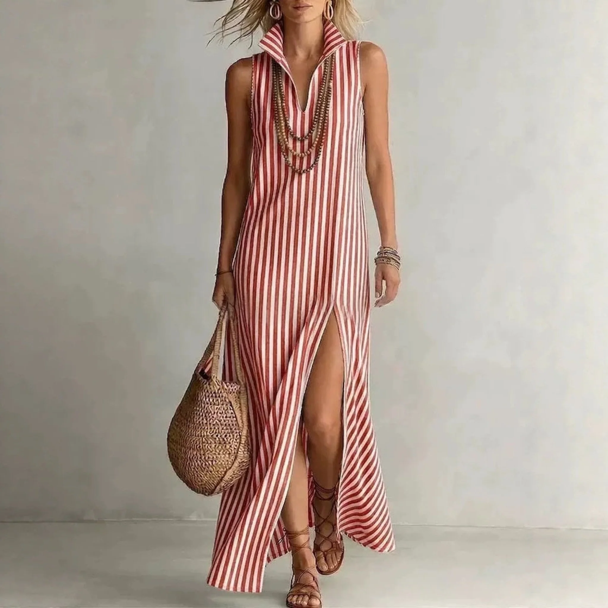 Striped Stand Collar Side-Slit Sleeveless Maxi Dress – A-Line Cami - Image 9