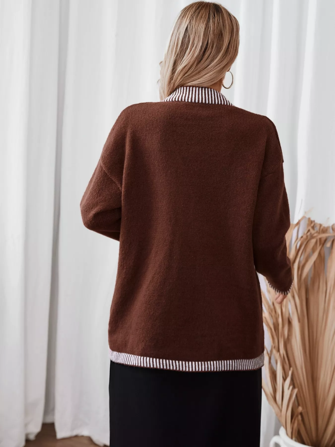 Striped Trim Button Front Pocket Knit Cardigan - Image 3