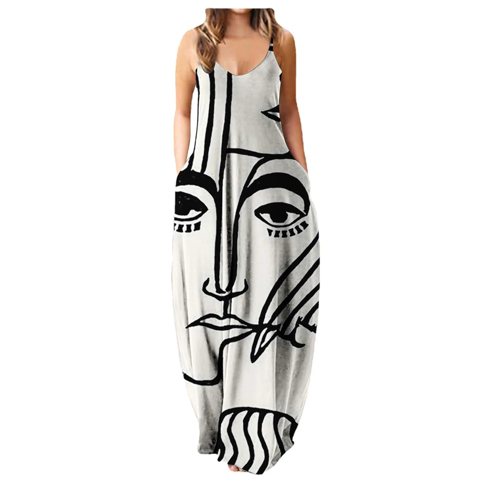 Summer Cool Strap Dress Abstract Face Style Digital Printing Elegant Street Dress - Image 2