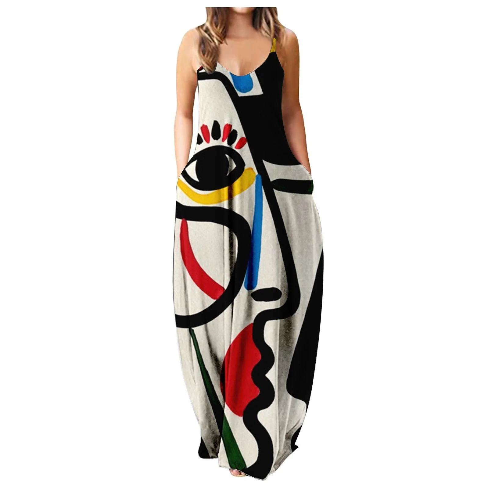 Summer Cool Strap Dress Abstract Face Style Digital Printing Elegant Street Dress - Image 7