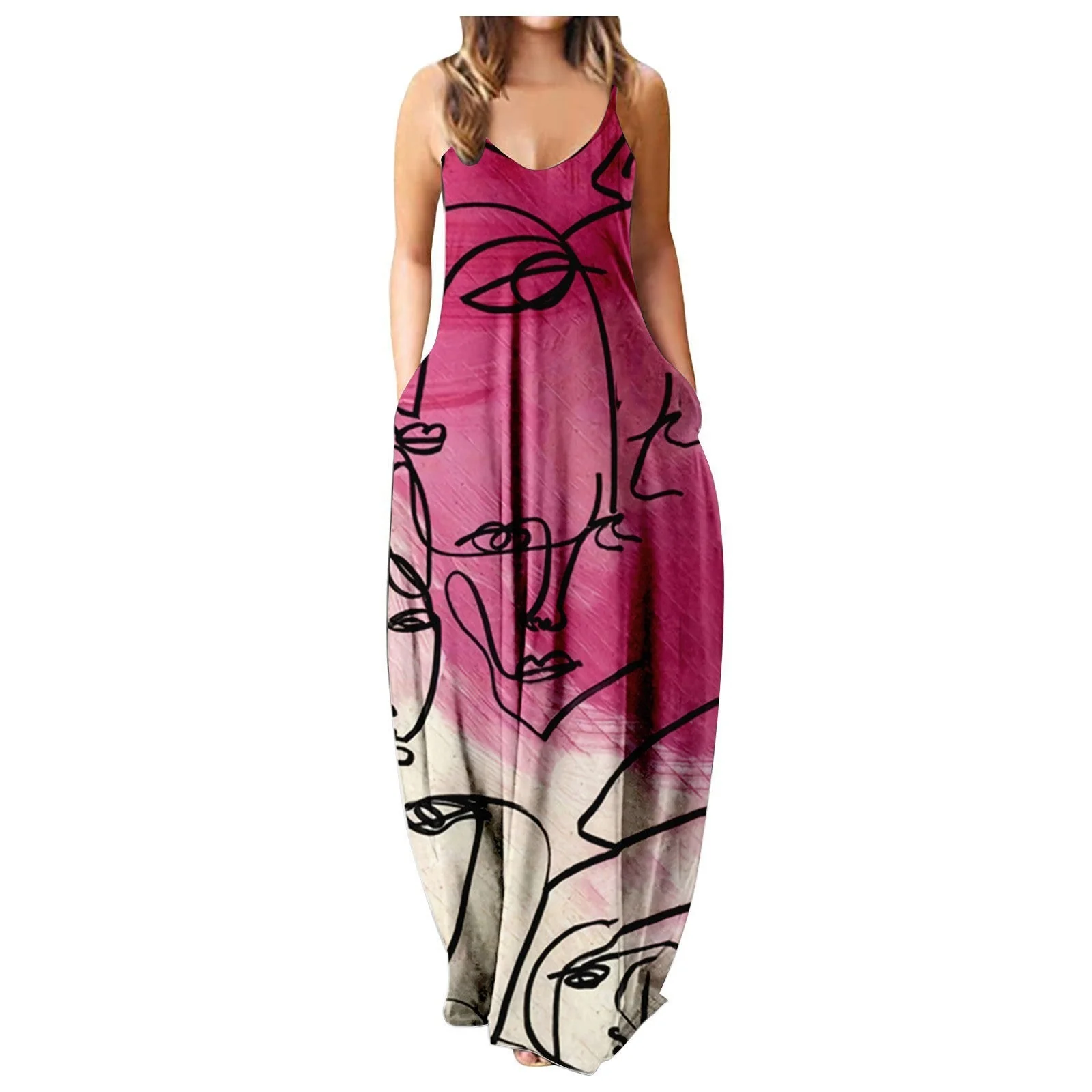 Summer Cool Strap Dress Abstract Face Style Digital Printing Elegant Street Dress - Image 8