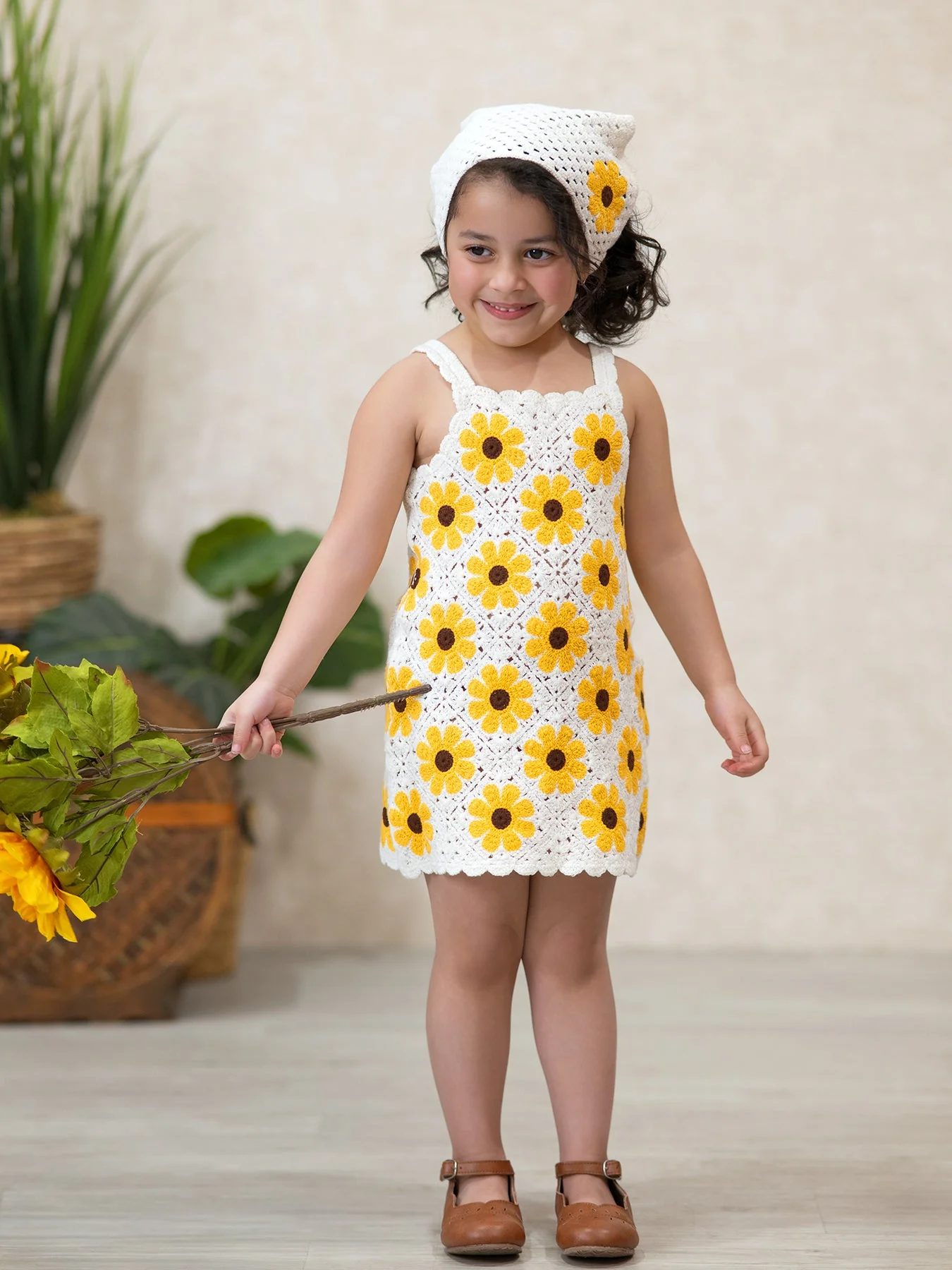 Summer Crochet Sunflower Girl Dress with Headscarf - Image 3