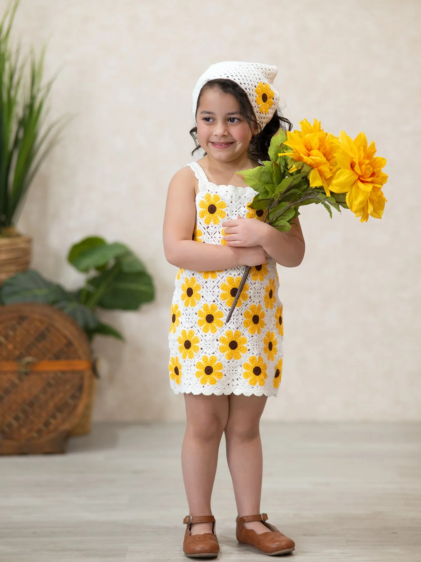 Summer Crochet Sunflower Girl Dress with Headscarf - Image 4