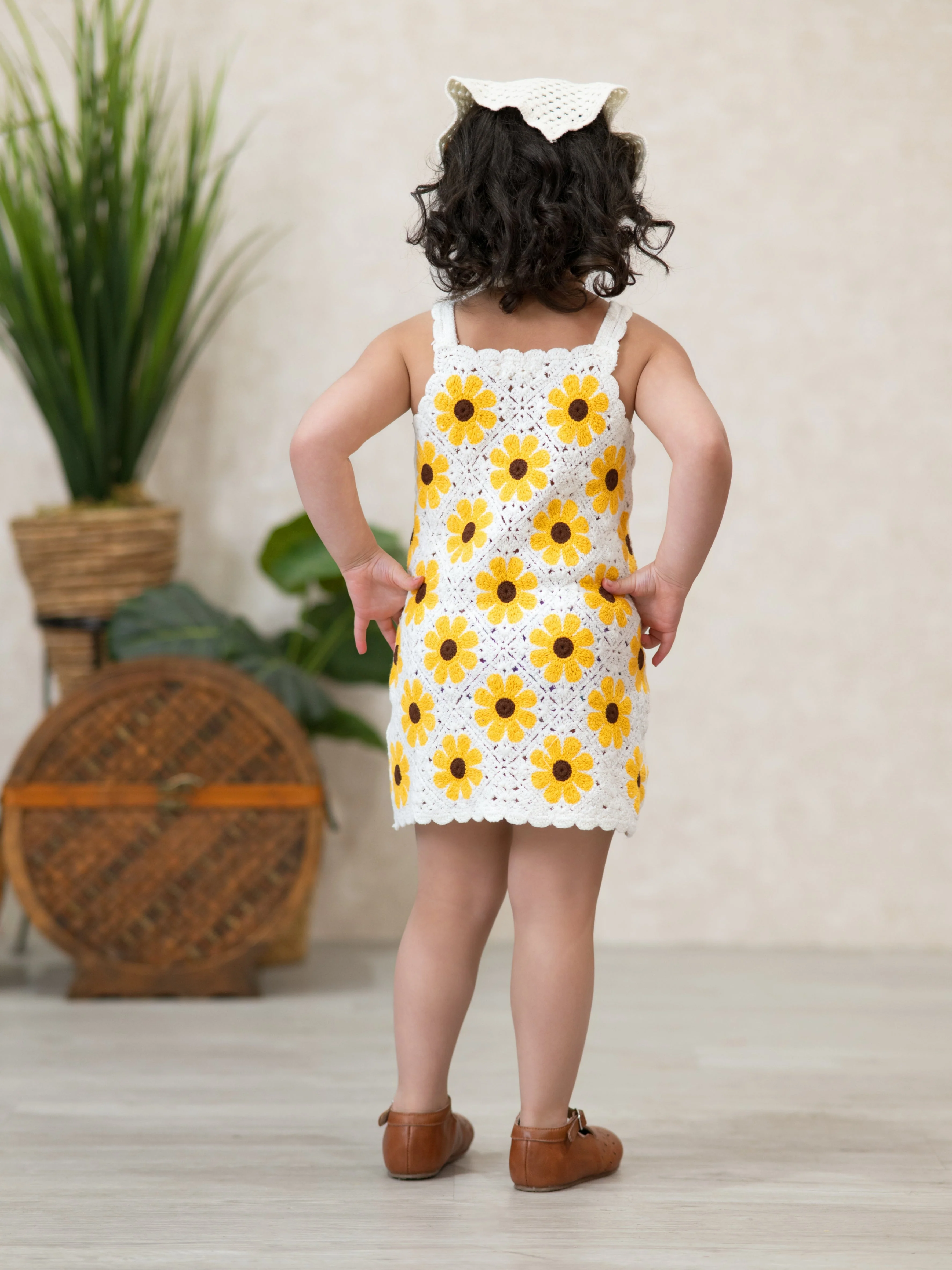 Summer Crochet Sunflower Girl Dress with Headscarf - Image 6