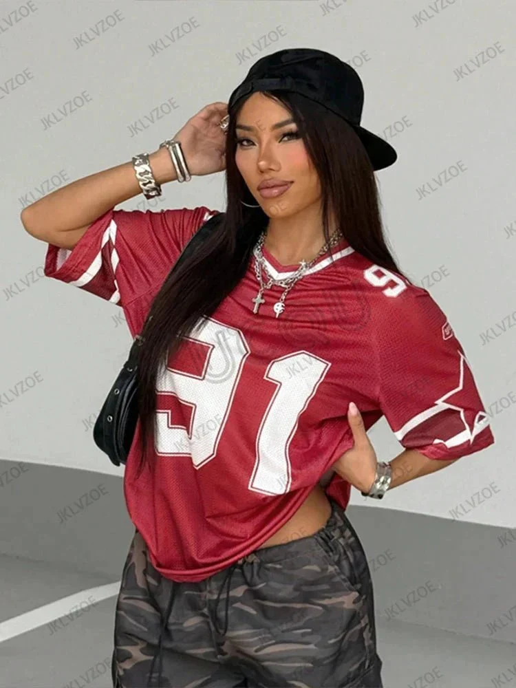 Summer New Black Speed 91 Print T-Shirt For Women V-Neck Patchwork Short Sleeve Sports Football Jersey Y2K Loose Oversized Tops - Image 15