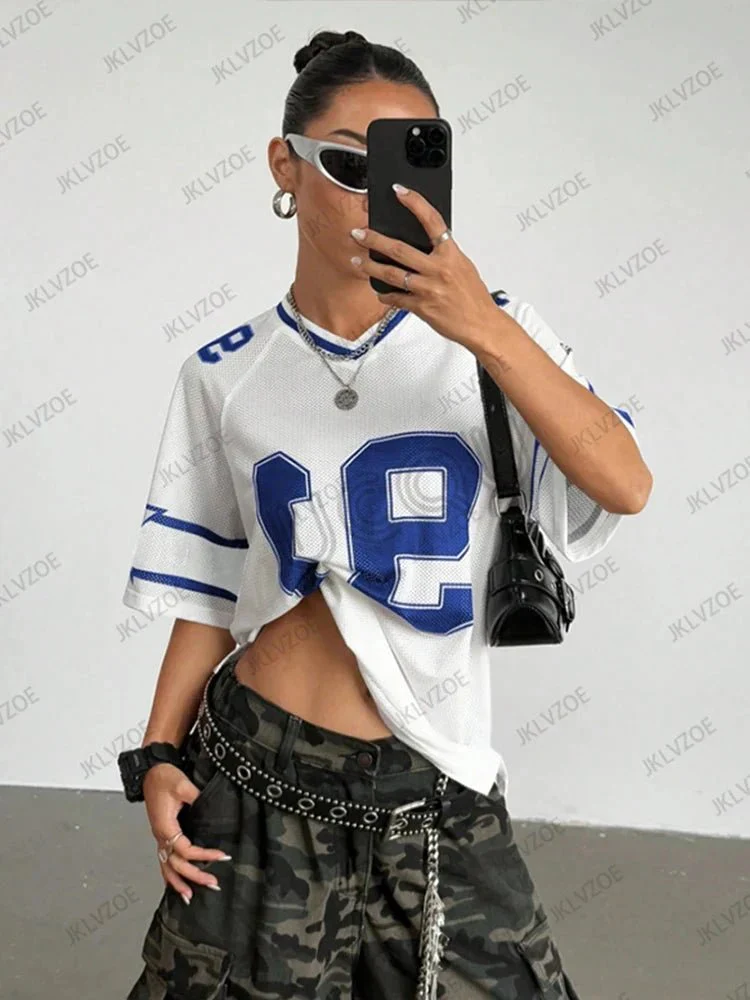 Summer New Black Speed 91 Print T-Shirt For Women V-Neck Patchwork Short Sleeve Sports Football Jersey Y2K Loose Oversized Tops - Image 16