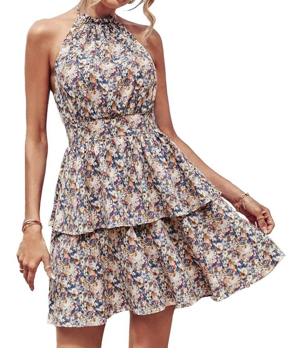 Summer Printed Halter Dress Fashion Boho Backless Ruffled A-Line Beach Dresses For Womens Clothing - Image 11