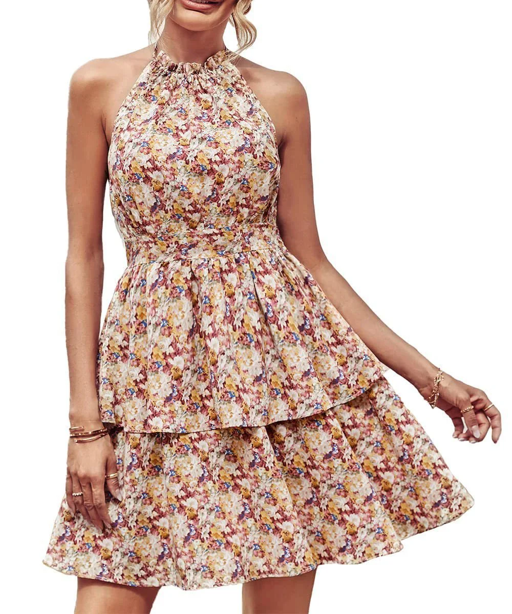 Summer Printed Halter Dress Fashion Boho Backless Ruffled A-Line Beach Dresses For Womens Clothing - Image 12