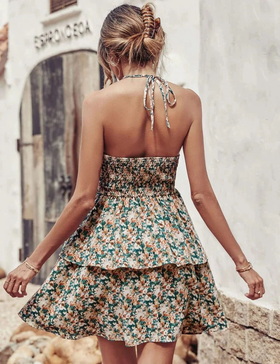 Summer Printed Halter Dress Fashion Boho Backless Ruffled A-Line Beach Dresses For Womens Clothing - Image 6