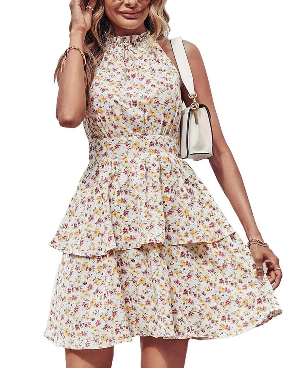 Summer Printed Halter Dress Fashion Boho Backless Ruffled A-Line Beach Dresses For Womens Clothing - Image 7