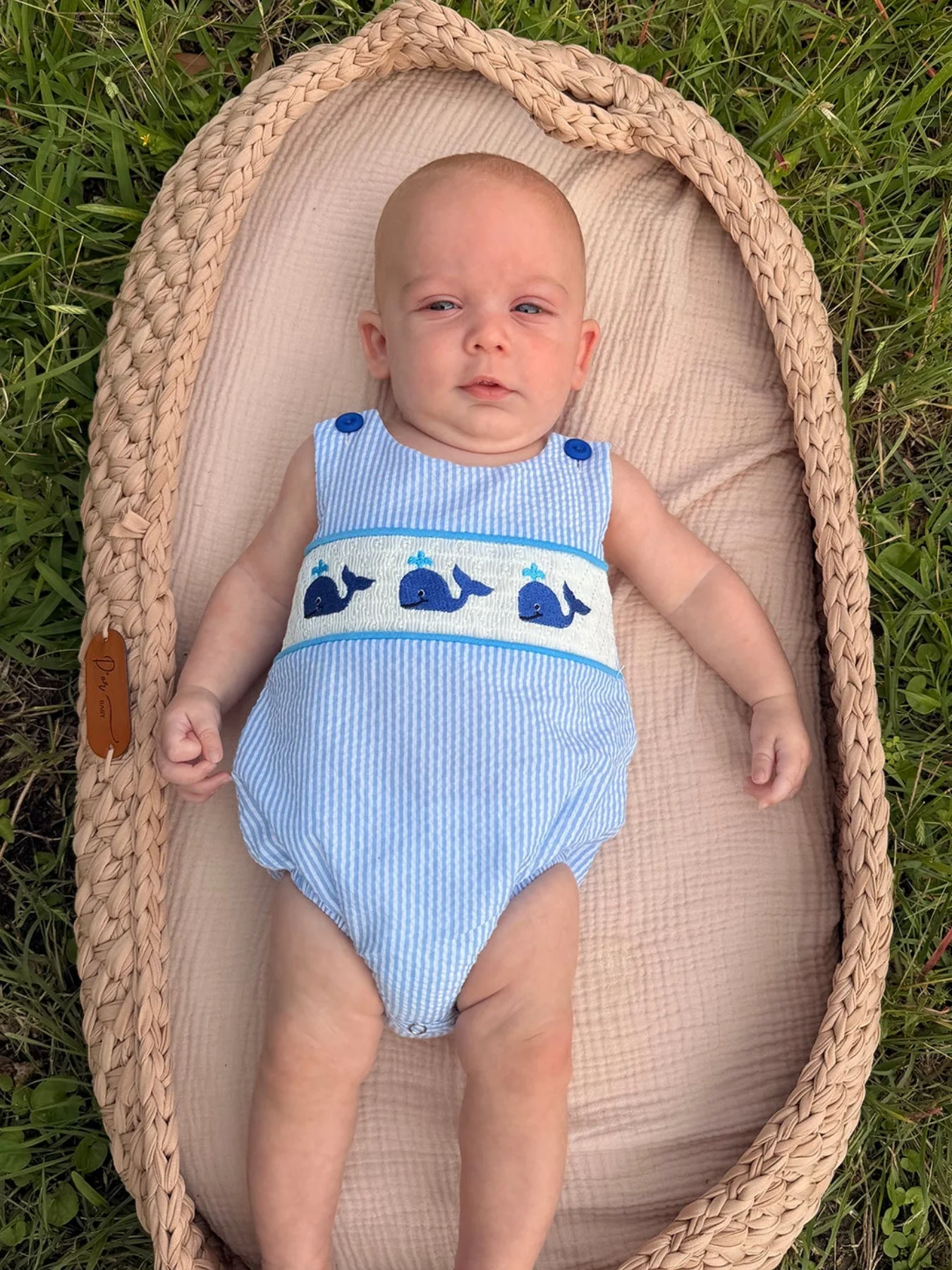 Summer Whale Embroidery Baby Boys Jonjon Stripe Romper