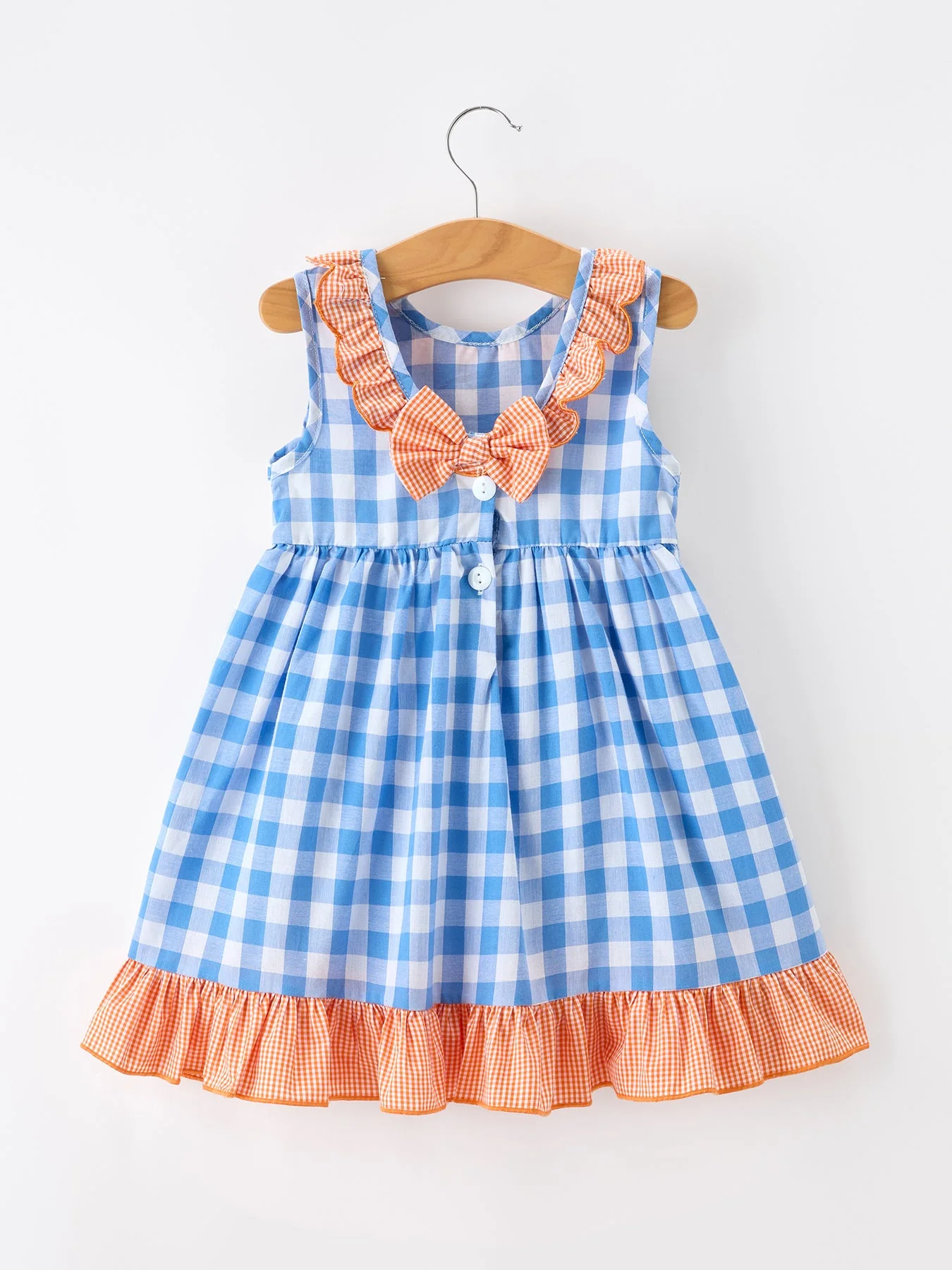 Summer Whale Embroidery Girls Dress Plaid Ruffle Collar - Image 2