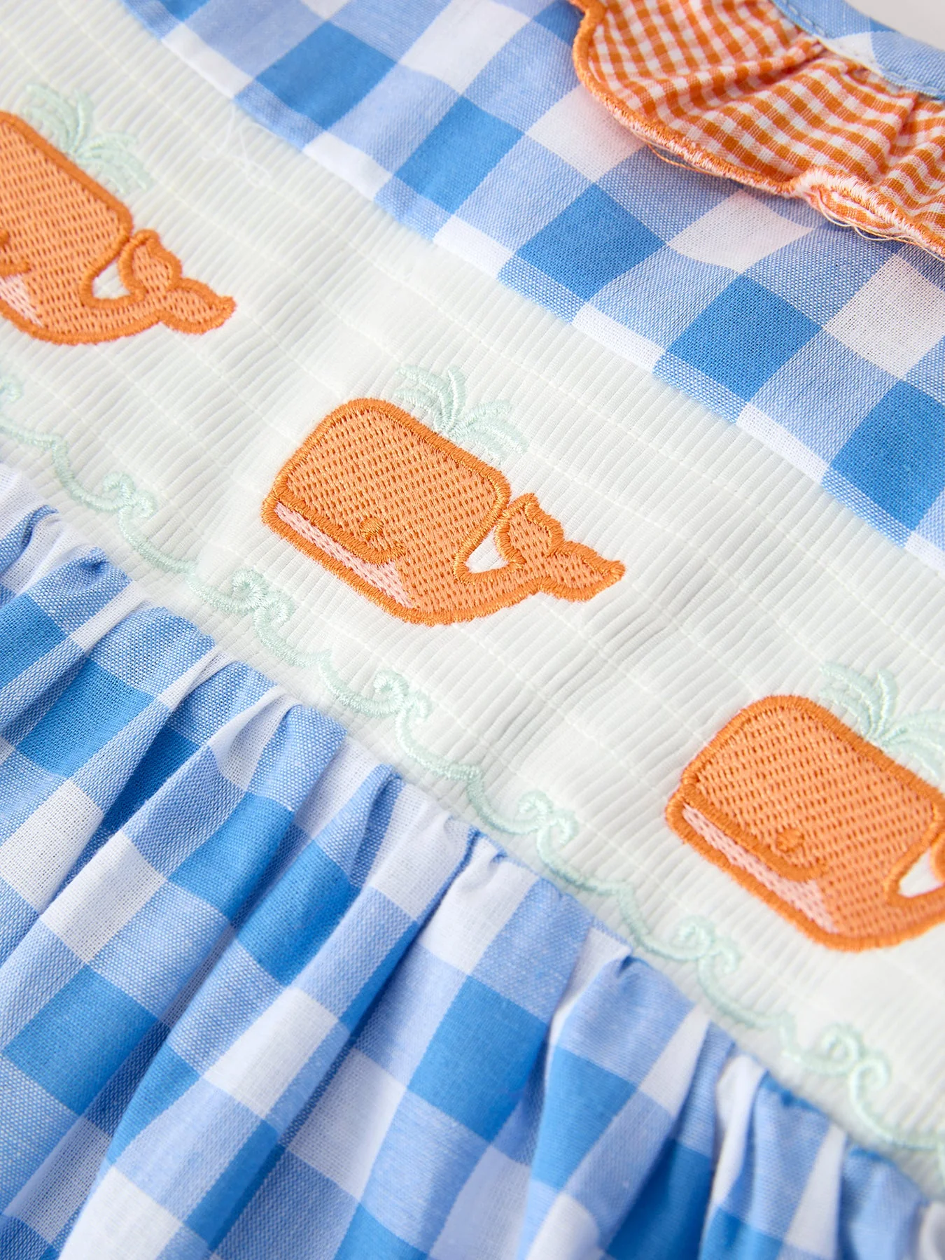 Summer Whale Embroidery Girls Dress Plaid Ruffle Collar - Image 3