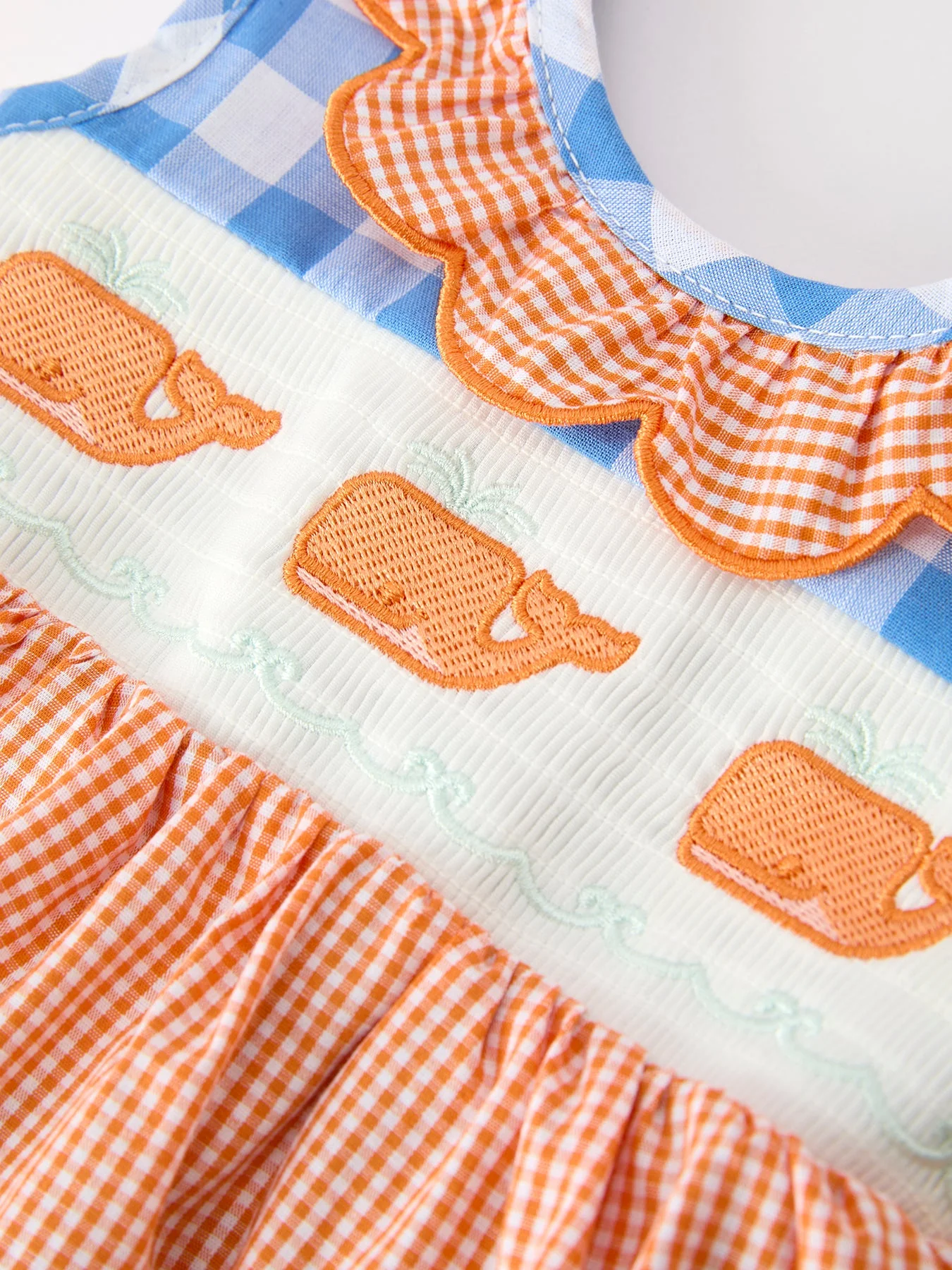 Summer Whale Embroidery Girls Romper Plaid Ruffle Collar - Image 3