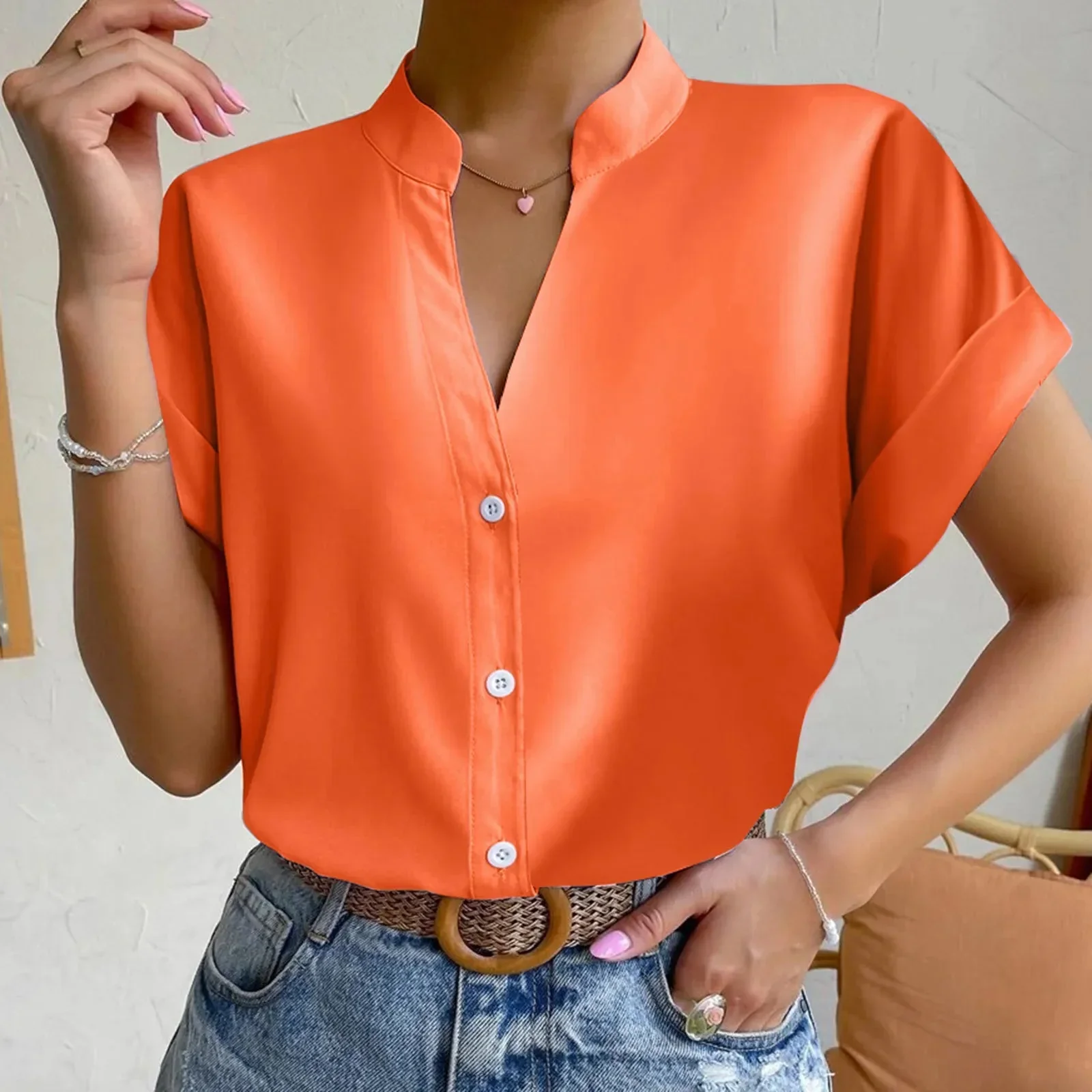 🧡 Summer Women's Satin V-Neck Short Sleeve Shirt – Elegant Casual Wear - Image 3