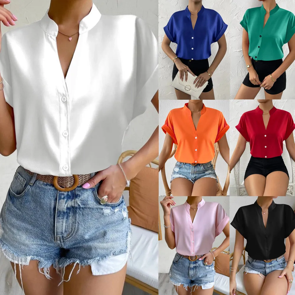 🧡 Summer Women's Satin V-Neck Short Sleeve Shirt – Elegant Casual Wear - Image 4