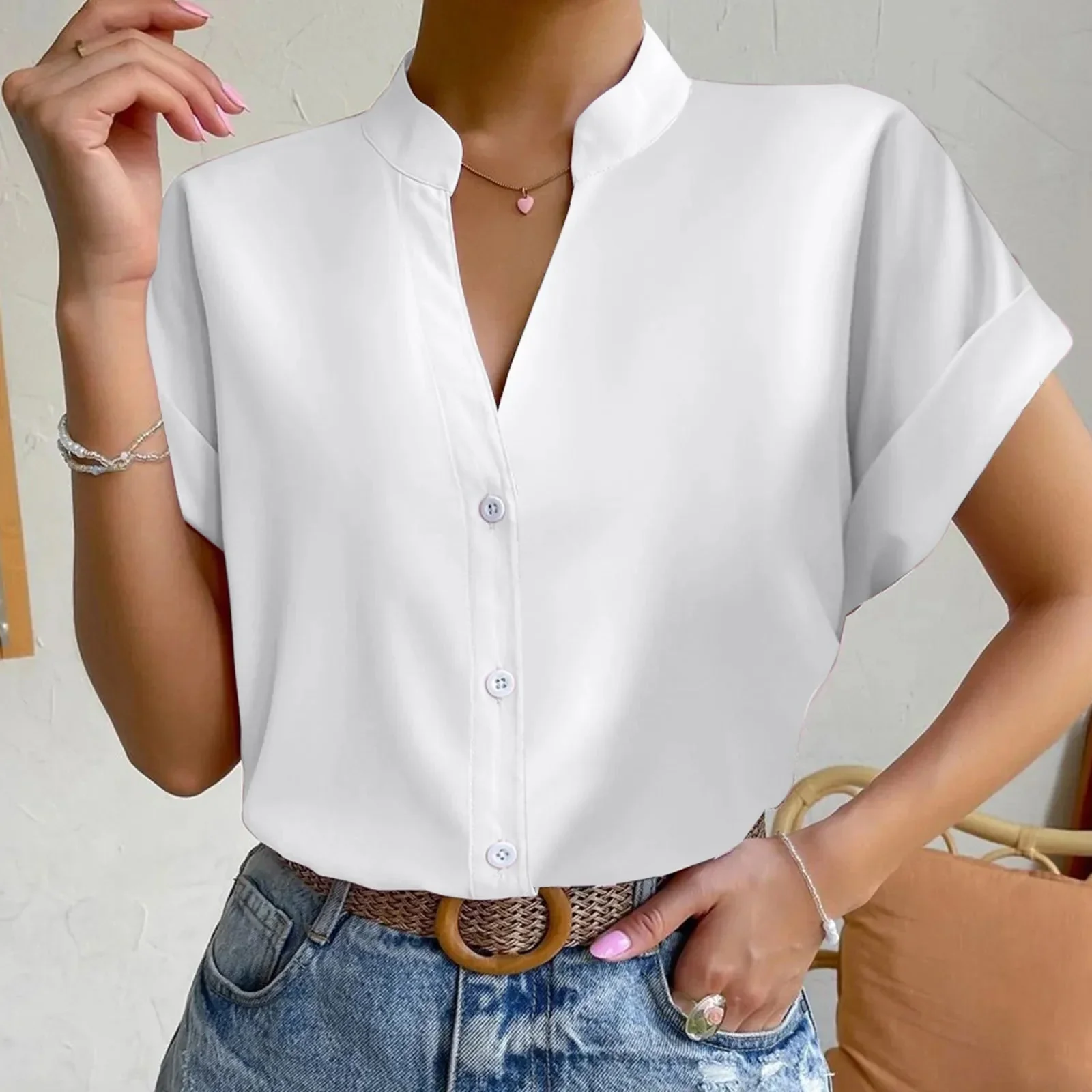 🧡 Summer Women's Satin V-Neck Short Sleeve Shirt – Elegant Casual Wear - Image 8